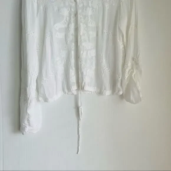Johnny Was embroidered sheer cardigan jacket button front top tie waist XS white - Picture 2 of 12